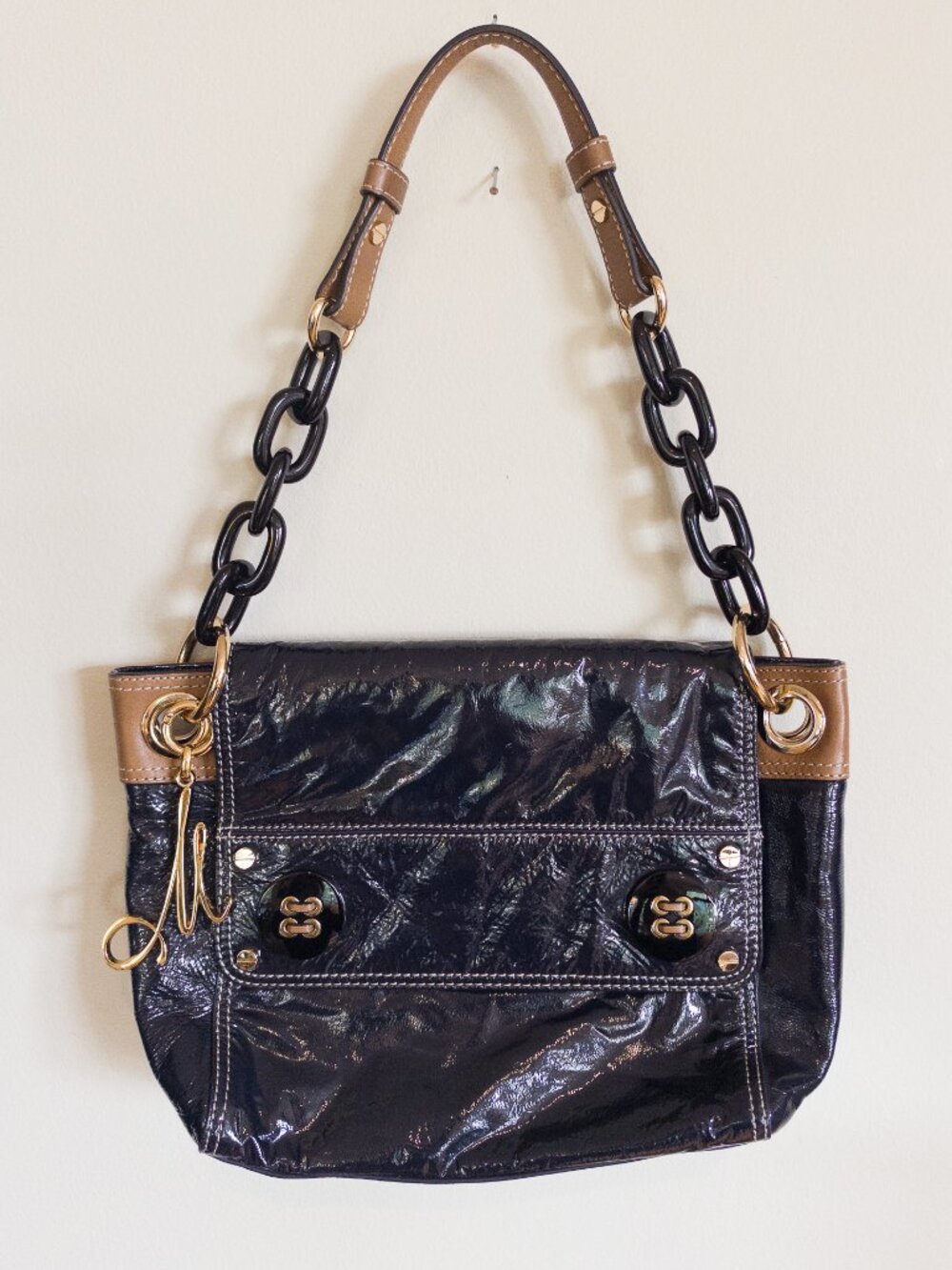 MILLY Navy Patent Leather Chain Shoulder Bag
